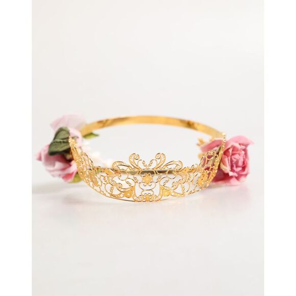 Dolce & Gabbana Gold Floral Tiara Pink Roses Crystal Crown Women's Headband